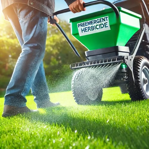 A person applying pre-emergent herbicide with a spreader on a lawn. The lawn is green and well-maintained, and the person is using a modern, hand-pushe