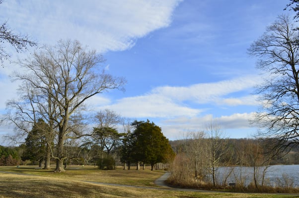 An image of early spring before the green up with a lawn, trees, and lake